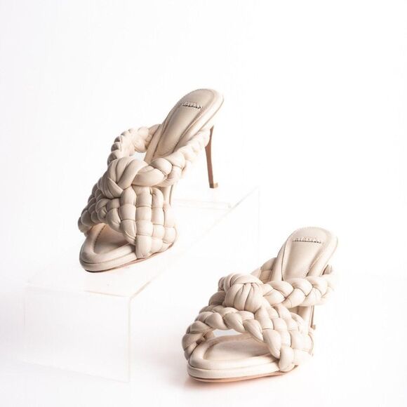 Alexandre Birman Womens Carlotta Braided Leather Sandal Heels Ivory 6.5 EU 37